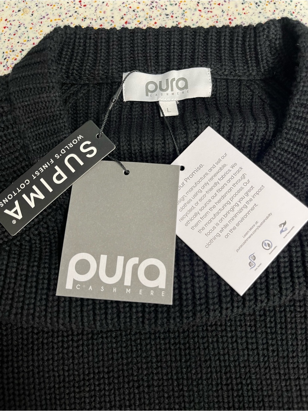Pura Cashmere 100% Cotton Fisherman Crewneck Sweater Women’s Size L Black NWT - Picture 4 of 7
